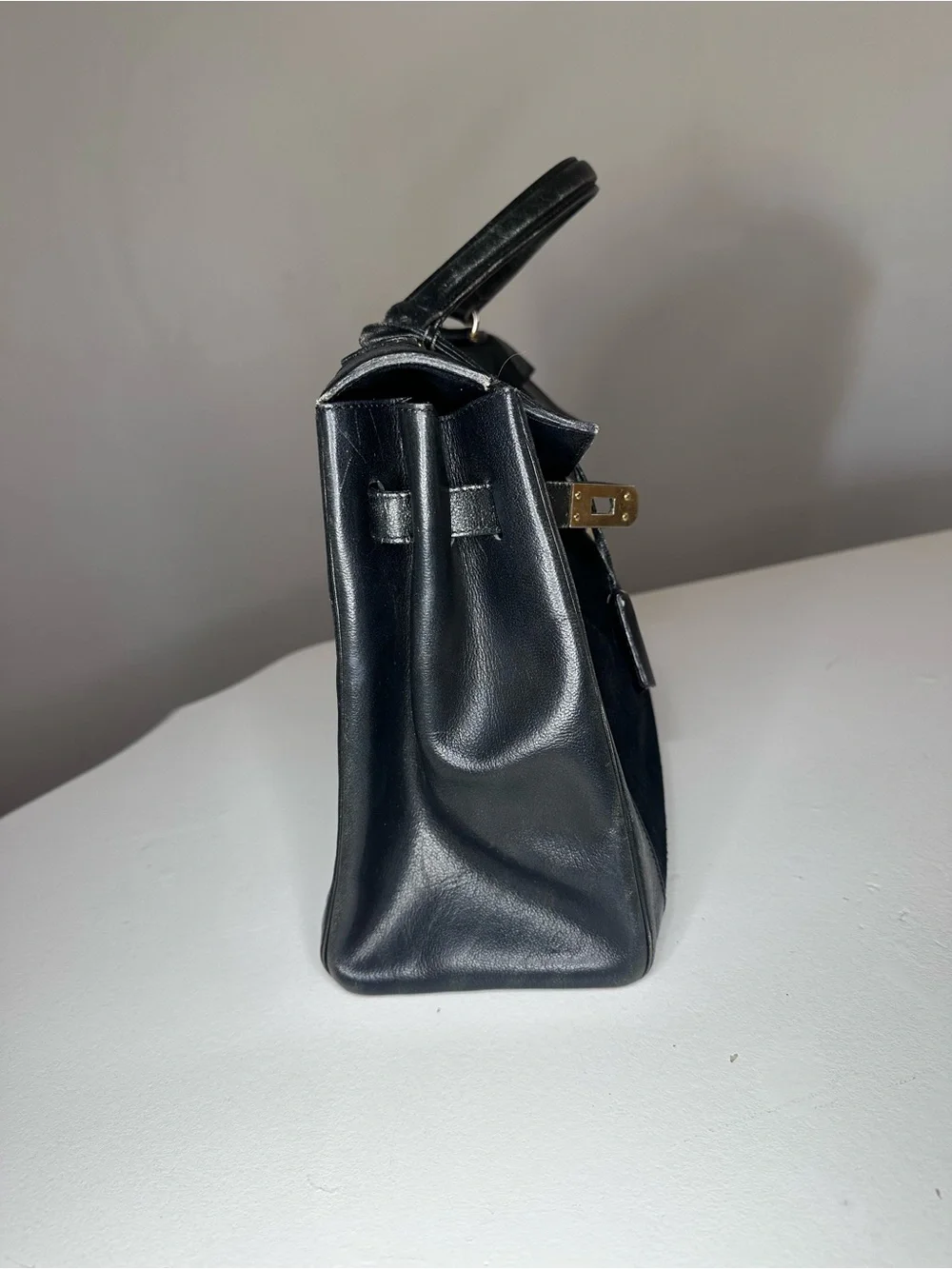 VTG Saks Fifth Avenue Paris Black Leather & Suede Kelly Bag Gold Hardware France